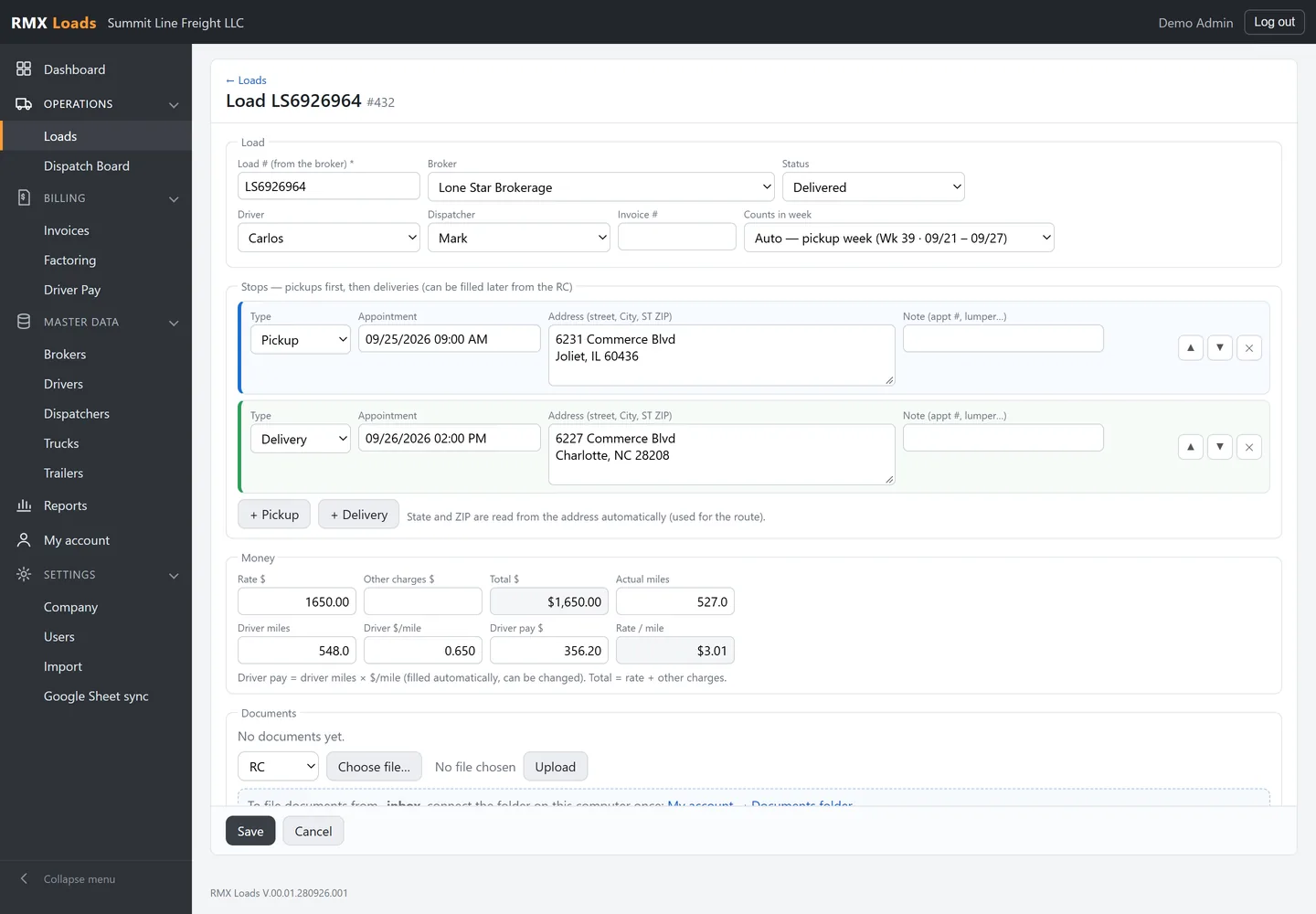 Load card with broker, status, pickup and delivery stops, rate, miles and driver pay